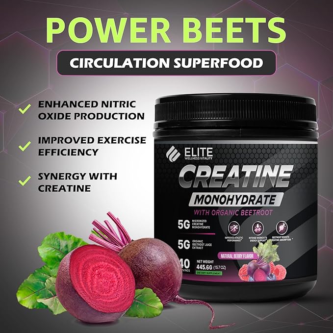 Elite Wellness Berry Flavor Creatine Monohydrate with Organic Beetroot Supplement - Supports Muscle Strength Stamina Cognitive Function &amp Athletic Performance Gluten &amp Dairy Free NSF Quali