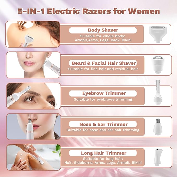 Electric Razors for Women 5 in 1 Bikini Trimmer for Women Wet/Dry Electric Shaver Painless Womens Razor Shavers Facial Hair Removal for Face Nose Eyebrow Arms Armpit Legs Pubic Area