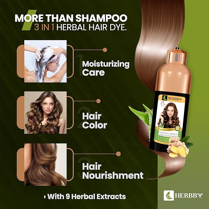 HERBBY Gray Hair Coverage Shampoo &amp Conditioner - Color Transform with 9 Herbal Extracts Long-Lasting (6-8 Weeks) Shiny Even Coloring Instant Hair Dye 500 ml (CHESTNUT BROWN)