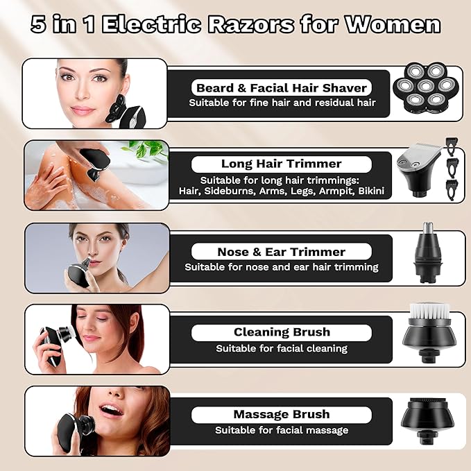 Electric Razors for Women 7D Electric Shaver for Women 5 in 1 Lady Shavers Wet/Dry Bikini Trimmer Rechargeable Face Razor for Arms Legs Armpit Pubic Area