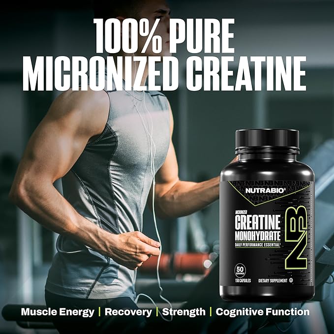 NutraBio Pure Micronized Creatine Monohydrate Capsules Creatine Pills Supports Bulk Muscle Energy Recovery and Strength - Keto Friendly Kosher Creatine Nutritional Supplement for Men and Women