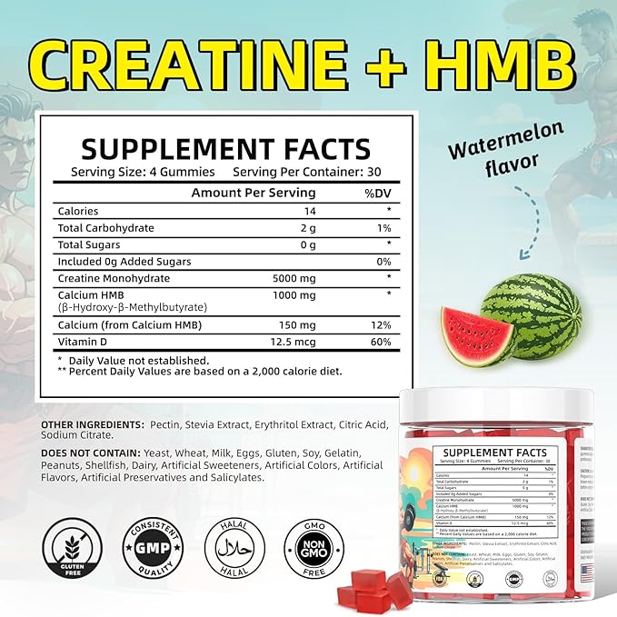 Creatine Monohydrate Gummies HMB Supplements for Men - Creatine and HMB Supplement for Boost Strength Performance Build Muscle Supports and Muscle Growth &amp Recovery