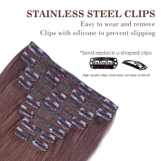 8PCS 120G Chocolate Brown Clip in Natural Soft Hair Extensions Real Human Hair(18 Inch #4)