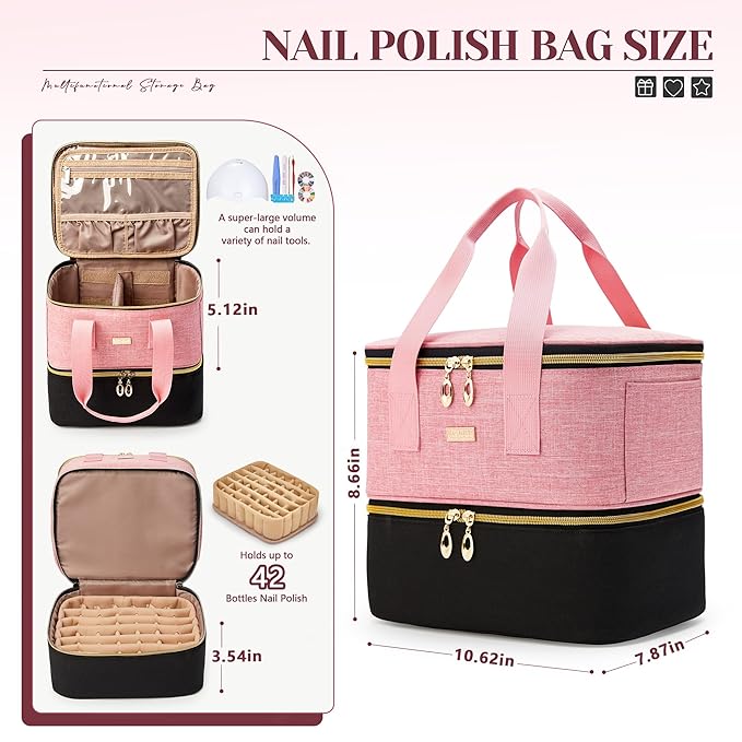 Nail Polish Organizer Double Layer Nail Organizer and Storage Box Holds 42 Bottles &amp Nail Tech Kit Supplies Large Capacity Nail Polish Organizer Case Carrying Bag