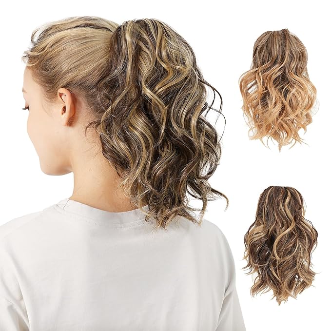 Claw Clip Ponytail Hair Extension / 10 Inch Synthetic Short Wavy Curly Fake Ponytails/Clip In On Pony Tail Hairpieces For Women (Brownish Blonde)
