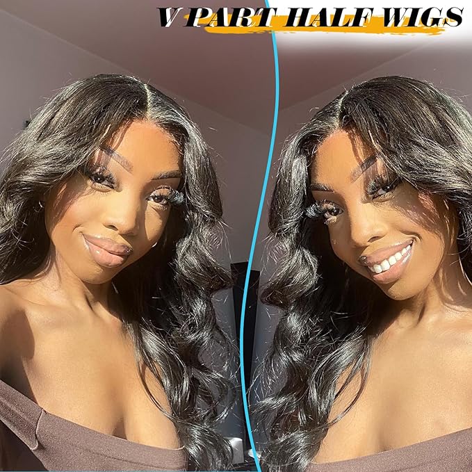 KRSI Natural Black V Part Wig Curly Wavy Upgrade U Part Wig Thin Leave Out Clip in Half Wigs Scalp Protective Glueless Synthetic V Part Wigs for Black Women