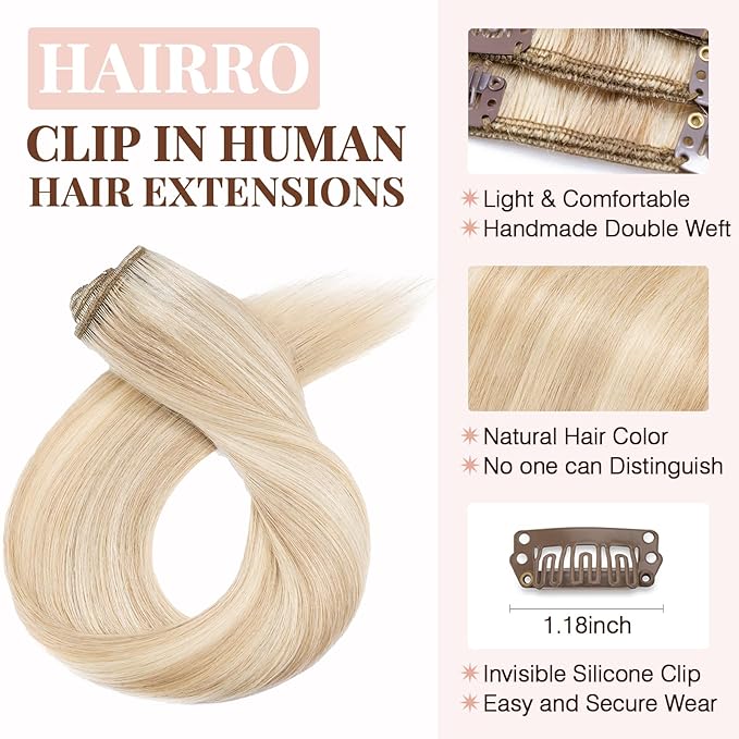 Hairro 100% Human Hair Clip in Extensions Straight Real Hair Hairpieces Machine Weft Extensions to Add Length for Women 20 Inch 8pcs 18 Clips Long Thin Ash Blonde Mix Bleach Blonde