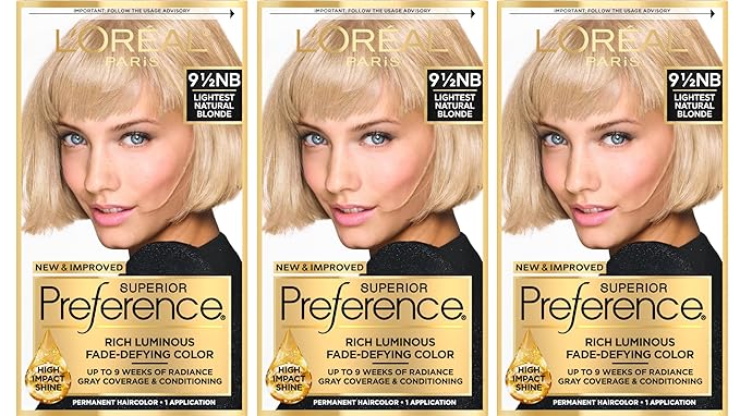 L'Oreal Paris Superior Preference Luminous Fade-Defying Permanent Hair Color Hair Dye For Up to 9 Weeks of Radiance Lightest Natural Blonde 9.5NB 1 Hair Dye Kit (Pack of 3)