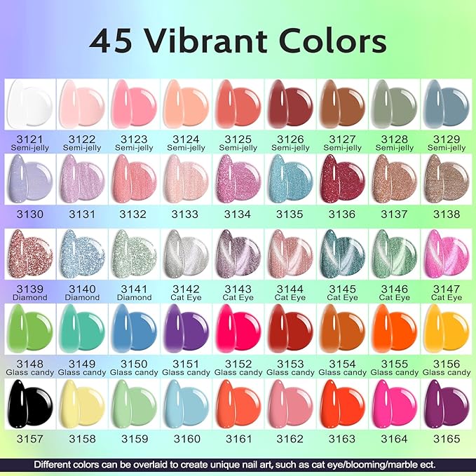 Lavender Violets 49 PCS Gel Nail Polish Set 45 Colors Cat Eye Reflective Glitter Gel Polish with Nail Primer Base Coat Glossy &amp Matte Top Coat Jelly Nude Red Brown Gifts for Women