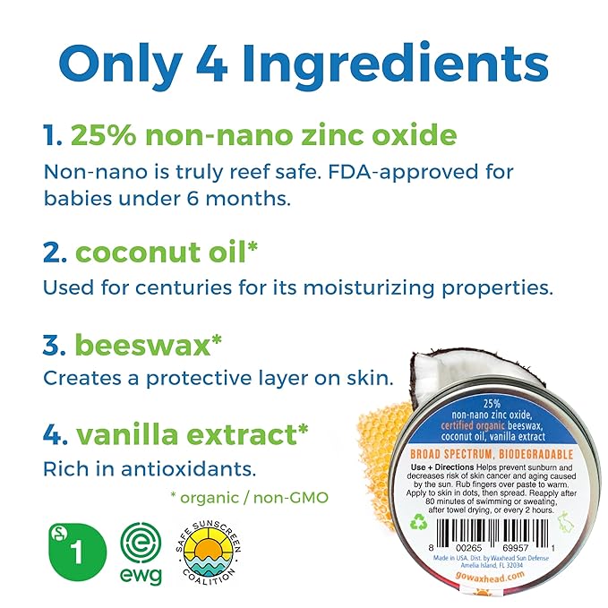 Waxhead Zinc Oxide Sunscreen Face &amp Nose - Sensitive Skin Safe SPF 30 Reef Safe Physical Visible Protection for Acne Prone Skin Waterproof Natural Mineral Sunscreen for Kids &amp Adults (White