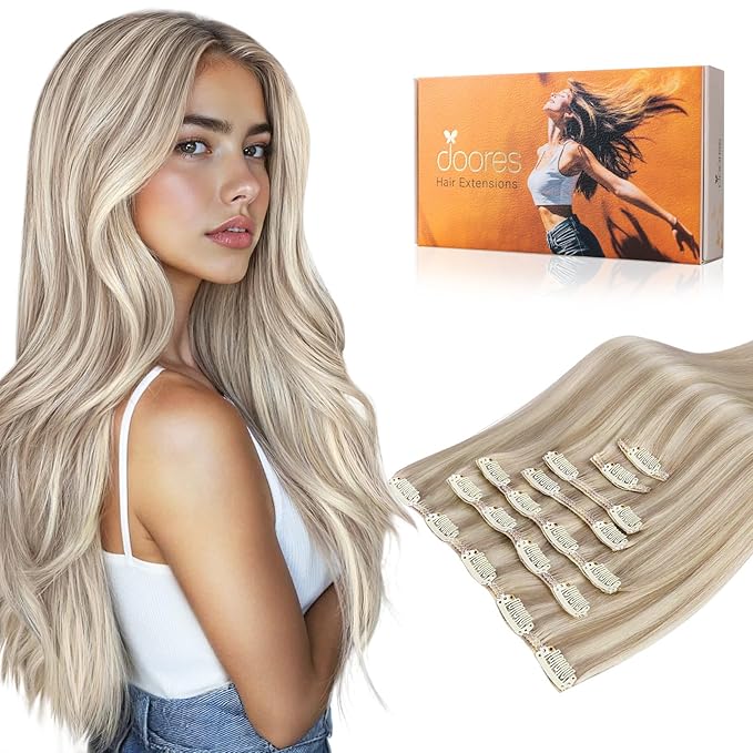 DOORES Human Hair Extensions Soft Honey Blonde Highlight Platinum Blonde 20 Inch 120g 7pcs Clip in Hair Extensions Natural Thick Weft for Women Straight Weft Gift