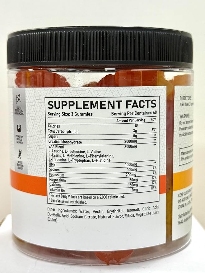 EAA Gummies for Men Women 120 Ct Essential Aminos Acids (EAA)Supplements and All Branched-Chain Aminos (BCAAs)with HMBCreatine MonohydrateElectrolytes for Muscle Relief &amp GrowthOrange-Lemon