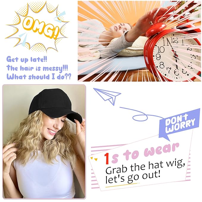 Baseball Hat WigHat with Hair attached 16'' Adjustable Black Cap with Wavy Curly Synthetic Bob Hair Extensions for Women Girls(Dark Brown)