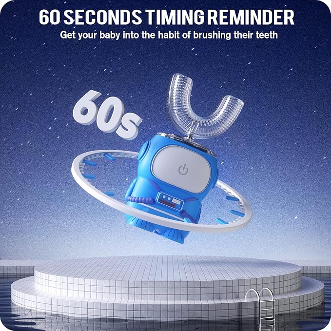 Ultrasonic Kid's U-Shaped Electric Toothbrush IPX7 Waterproof Five Cleaning Modes Cartoon Astronaut 60S Smart Reminder (Azure Blue Ages 2-6)