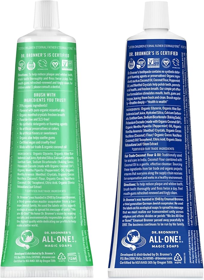 Dr. Bronner?™s - All-One Toothpaste Variety Pack - Peppermint &amp Spearmint 70% Organic Ingredients Fluoride-Free Helps Freshen Breath Vegan (5oz 4-Pack)