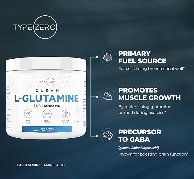 Type Zero L Glutamine Powder KG 5000mg Serving Size - 6-Month Supply L-Glutamine Supplement for Gut Health Gastrointestinal Lining Support &amp Recovery for Women/Men - Vegan Gluten Free No Fill