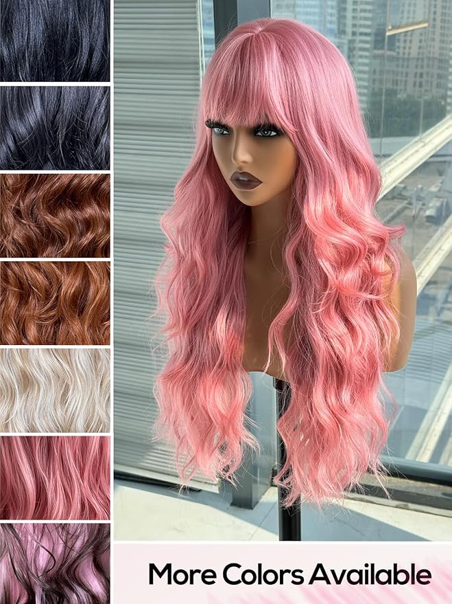 topshe Pink Wavy Wig with Bangs Heat Resistant Synthetic Hair for Women Pre Styled Butterfly Layers &amp Curls for Daily Parties Long Curly Wig 28 Inch (Cotton Candy Pink)