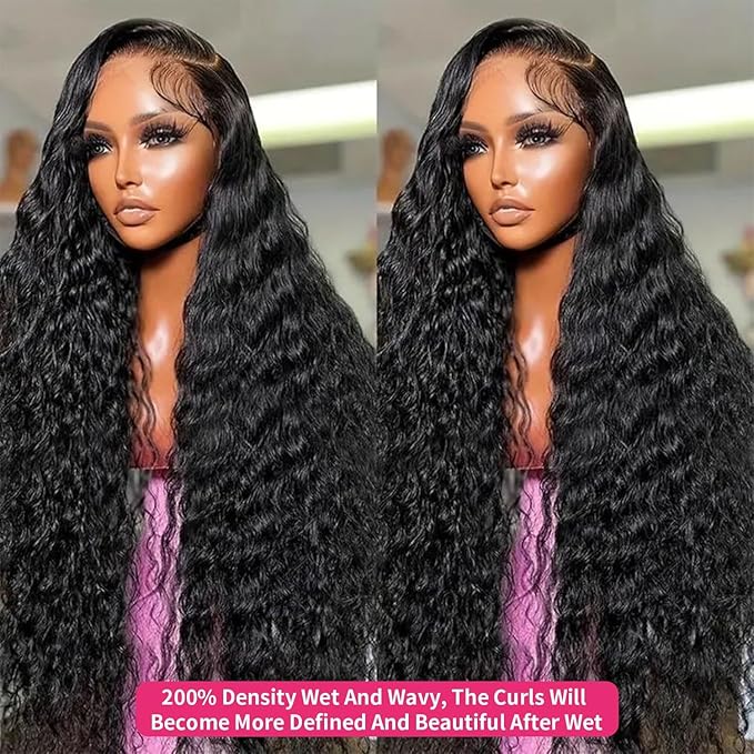 13x6 Lace Front Wigs Human Hair Water Wave 200 Density 13x6 HD Full Lace Frontal Wigs Pre Plucked Wet and Wavy Glueless Deep Curly Human Hair Wigs for Women Natural Black 22 Inch