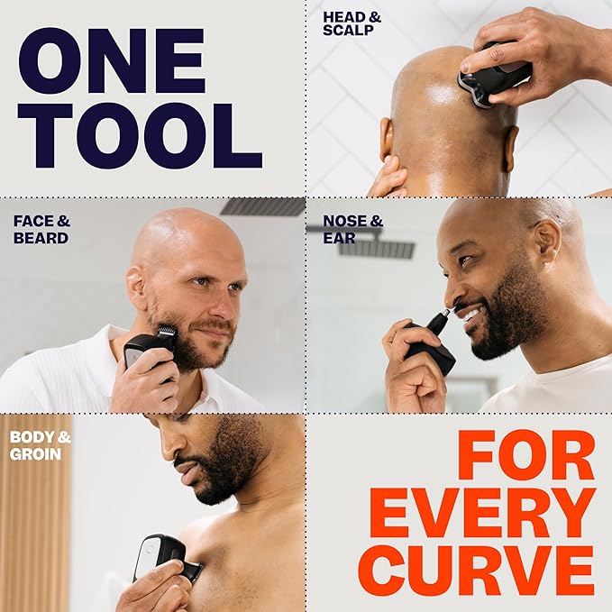 Freebird FlexSeries Pro Electric Head &amp Body Shaver - Mens Cordless Rechargeable Wet/Dry Skull Bald Head Back &amp Groin Waterproof Razor with Rotary Blades Clippers Nose Trimmer Brush Massag