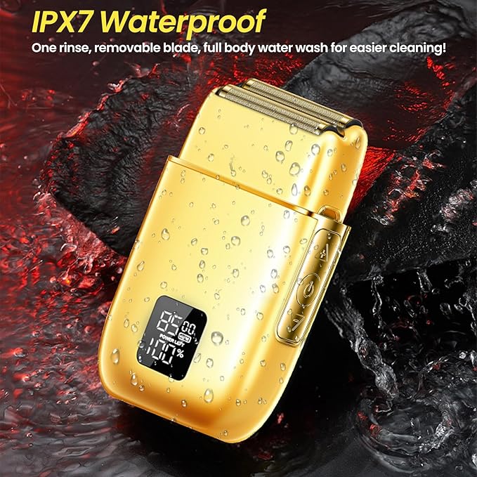 Electric Foil Shavers for Men 3 Speed Electric Razor for Men High Speed Dual Floating Blades IPX7 Waterproof Wet &amp Dry LED Display USB Type C Charging Foil Razor for Face/Beard/Head (Gold)