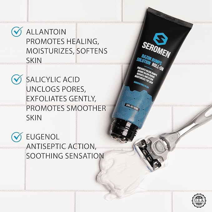 Seromen Razor Bump Treatment for Men - Ingrown Hair Treatment for Men - Face &amp Body After Shave &amp Razor Burn Treatment - Metal Roll On Soothes Skin &amp Calms Irritation (3.5fl.oz) Made in US