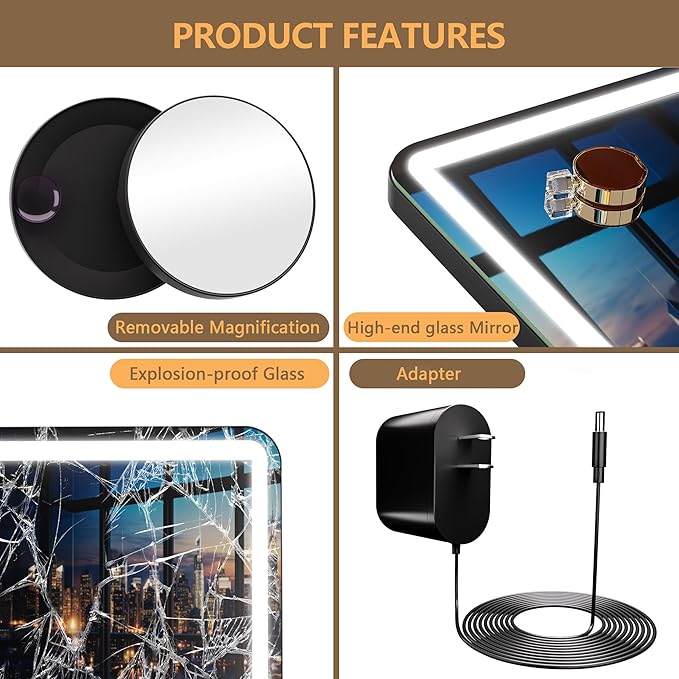 Hasipu Vanity Mirror with Lights and Bluetooth Speaker 32 x 21.7 LED Makeup Mirror Lighted Makeup Mirror with Dimmable 3 Modes USB Charging Port Round Black