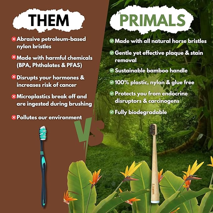 PRIMALS Horse Bristle &amp Bamboo Toothbrush (4-Pack) - Luxurious &amp Soft Horse Bristles - Fully Biodegradable - Plastic &amp Nylon Free - Quick Dry Design
