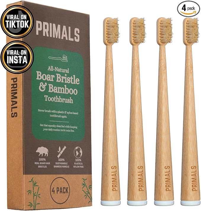 PRIMALS Boar Bristle &amp Bamboo Toothbrush (4-Pack) - Premium Boar Bristles - Fully Biodegradable - Plastic &amp Nylon Free - Quick Dry Design