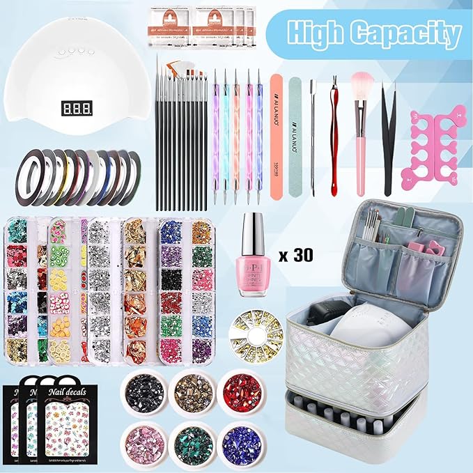Nail Polish Organizer and Nail Lamp Case Nail Kit Organizer Holds 30 Bottles (15ml - 0.5 fl.oz) and a Nail Lamp Nail Polish Carrying Case with Manicure Tools Storage Sections (White)
