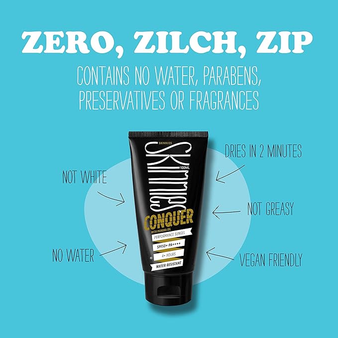 Skinnies 100ml SPF50+ CONQUER Sungel Sun Cream Broad Spectrum Reef Safe Water Resistant 4 hours