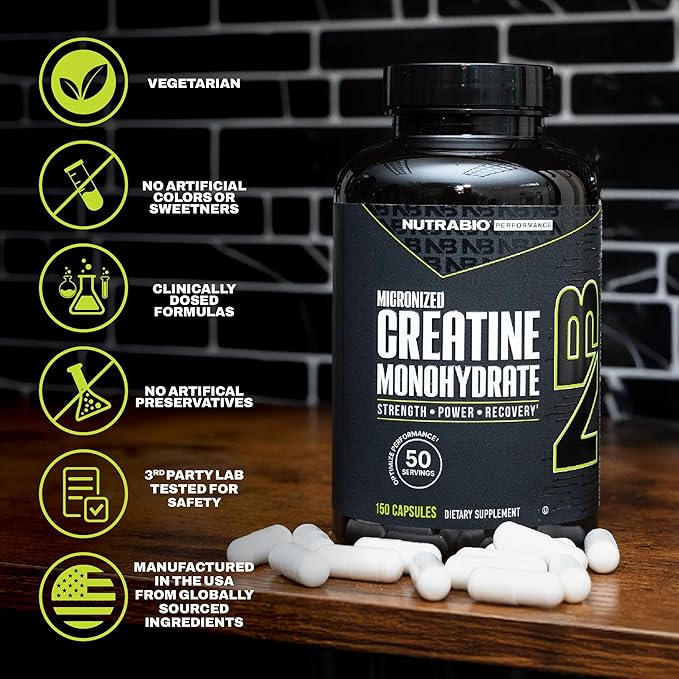 NutraBio Pure Micronized Creatine Monohydrate Capsules Creatine Pills Supports Bulk Muscle Energy Recovery and Strength - Keto Friendly Kosher Creatine Nutritional Supplement for Men and Women