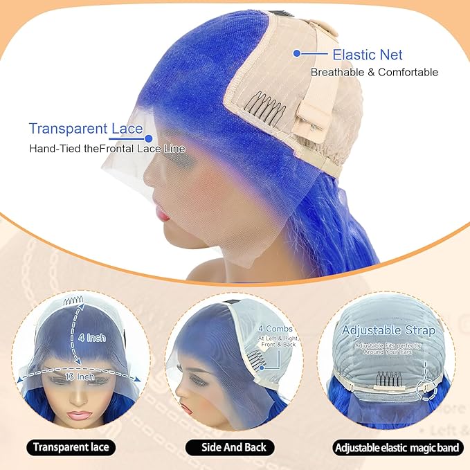 Blue Lace Front Wig Human Hair 13x4 Lace Frontal Wigs 200 Density Body Wave HD Lace Front Wigs Pre Plucked Real Hair Wigs for Women Lace Wig 20 Inch
