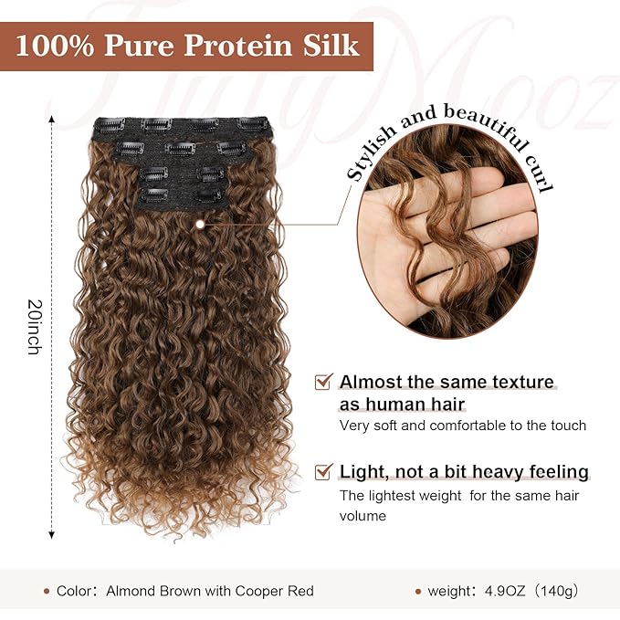Clip in Hair Extensions FLUFYMOOZ 4PC 100ï¼?Pure Protein Silk Hair Extensions Long Soft Natural Hairpiece 20 Inch Curly Hair Extension for Women (Almond Brown with Cooper Red)