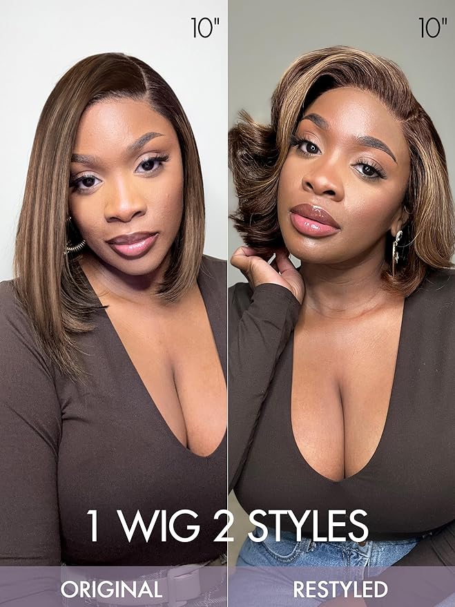 LUVME HAIR Bob Wig 100% Human Hair Wigs Glueless Lace Front 200% Density 12 Inches Mix Highlights Bob Pre Cut Plucked Hd Lace Short Wig Ready To Go Natural Color Straight Bleached Knots Side Part