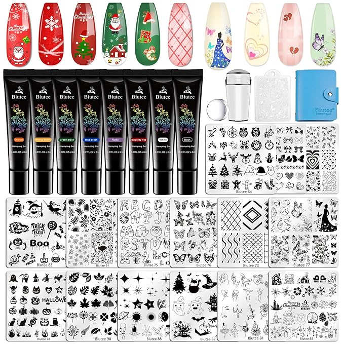 Biutee Nail Art Stamping Plate Set 15PCS Nail Stamp Plates 8PCS Nail Stamping Gel Polish Nail Stamper and Scraper Halloween Christmas Butterfly Letters Bow Design Nail Stamping Kit with Storage Bag