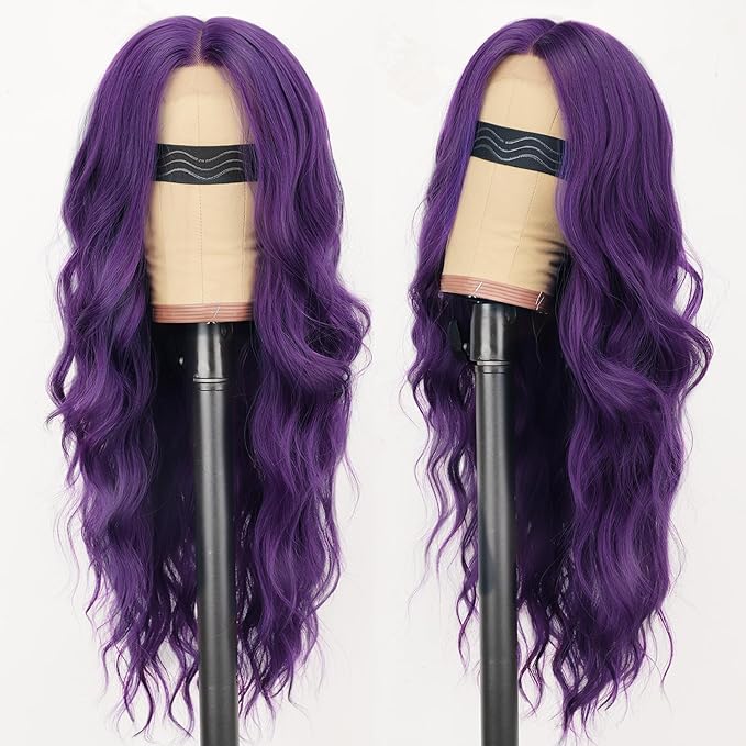 AISI HAIR Dark Purple Wig for Women Long Wavy Lace Hairline Middle Part Synthetic Heat Resistant Wig for Daily Party-26 Inch