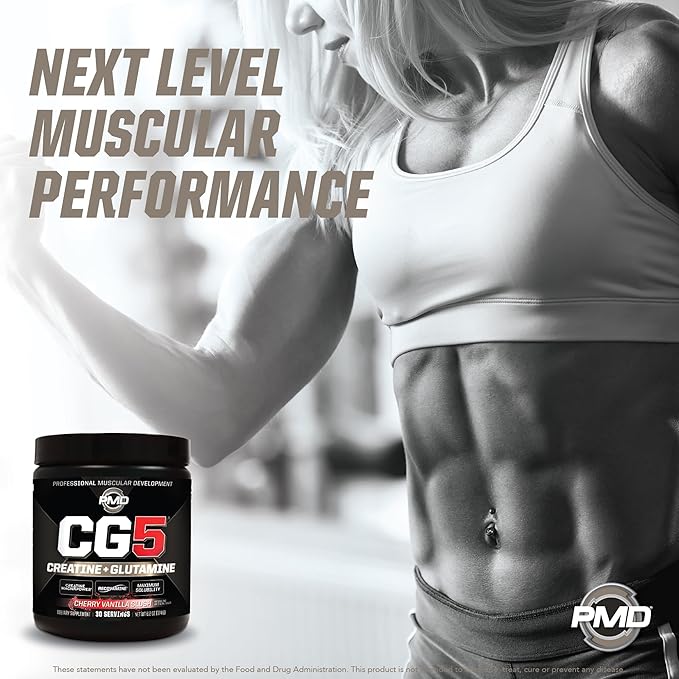 PMD Sports CG5 - Premium Creatine and L Glutamine Powder - Maximum Strength Power Recovery Build Lean Muscle Increase Performance - Pre-Workout and Post Workout - Cherry Vanilla Slush (30 Servings)