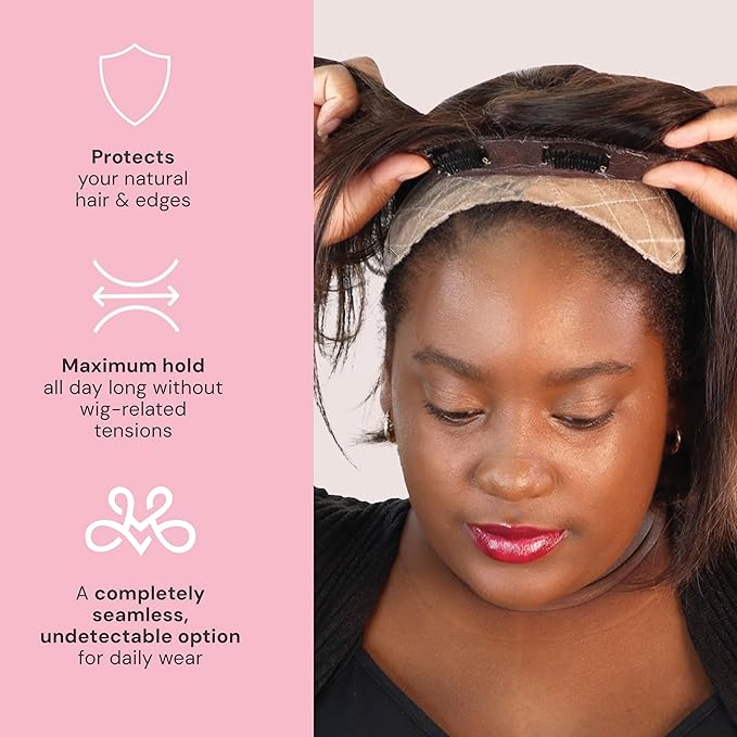 MILANO COLLECTION Glueless Top Grip for Hair Topper &amp Wiglets Adjustable Translucent Strap with Side Openings Top Headband for Your Wig or Topper Includes Clips Beige Large