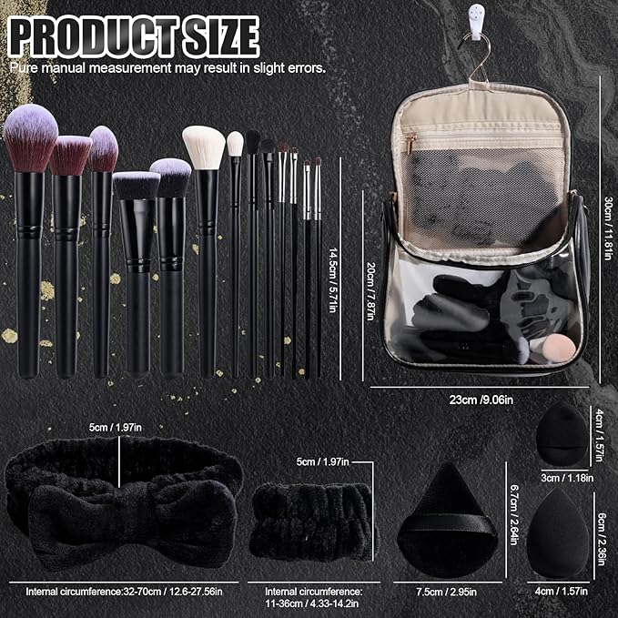 BS-MALL Makeup Brush Set with Waterproof Travel Bag &amp Makeup sponges -26 Pcs Set Triangle Puff &amp Face Washing PuffsFace Wash Headband Wristband for Travel Go Camping Gift &amp Makeup Beginne
