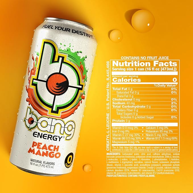 Bang Energy Peach Mango Sugar-Free Energy Drink 16-Ounce (Pack of 12)