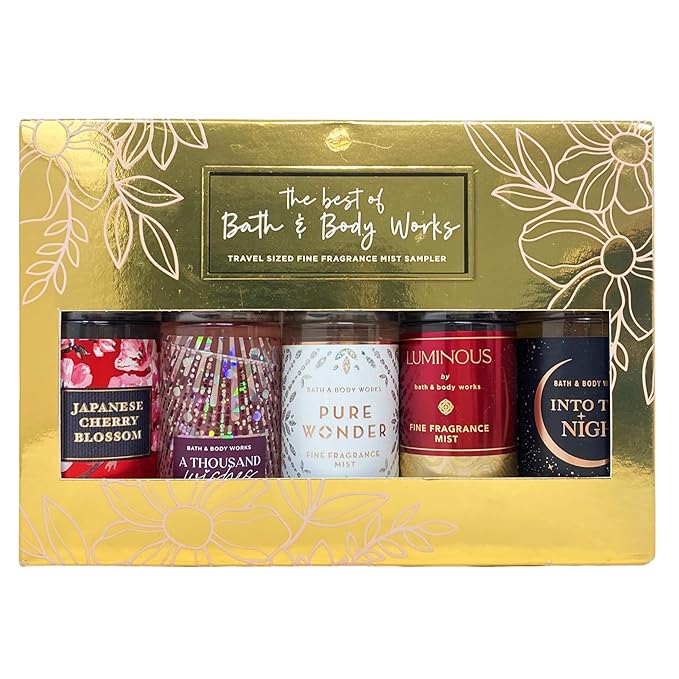 Best of Bath &amp Body Works 5-piece Mini Fine Fragrance Mist Gift Set - Japanese Cherry Blossom- A Thousand Wishes - Pure Wonder - Luminous - Into The Night - with a Natural Oats Soap Sample