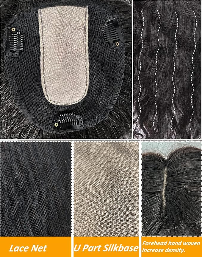 10 Women Natural Wavy Human Hair Toppers Middle Part Silktop 13x14cm Seamless Hairpiece Toupee Simulated Short Curly Clip in Top Hair Pieces Topper Hairpiece for Thinning Hair Brown