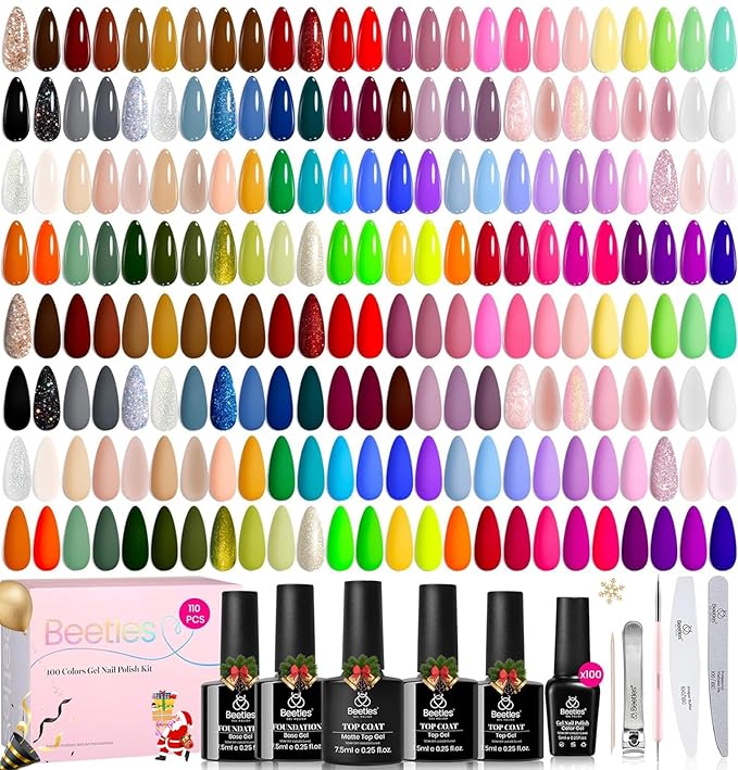 Beetles 110 PCS Gel Nail Polish Set 100 Colors Infinite Inspiration Gift Spree All Season Red Brown Green Black Gel Polish with 5Pcs Base Top Coat Soak off UV Gel for Manicure Lovers DIY at Home