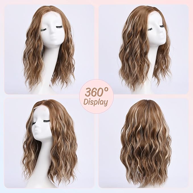 Medium Length Light Brown with Hightlight Wavy Wigs for Women 18 Inch Middle Part Wavy Brown Wig Natural Looking Synthetic Heat Resistant Fiber Wig for Daily Party Halloween (18 inch)