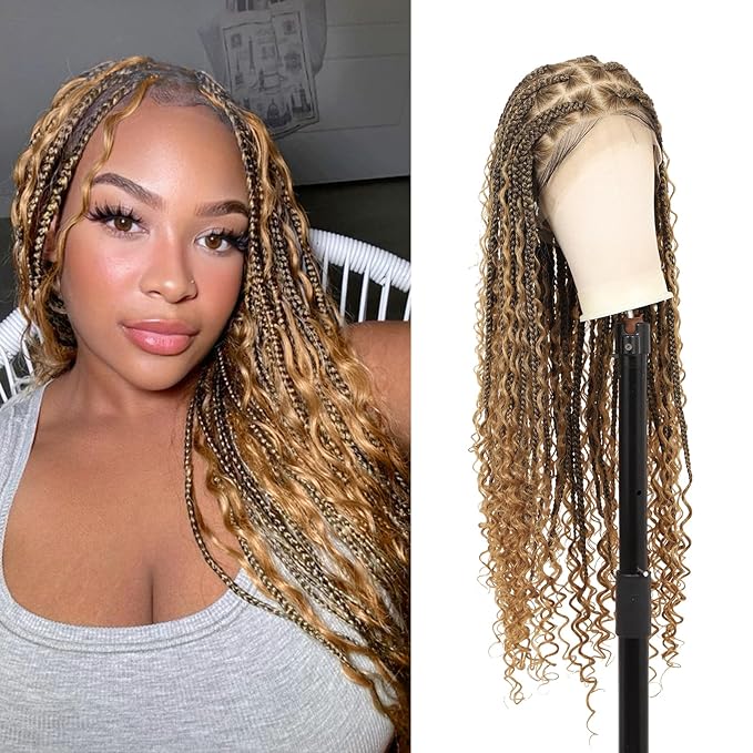 Kalyss HD Full Lace Boho Braided Wigs for Women 360 Lace Front Box Braided Wigs with Baby Hair Light Brown Premium Synthetic Knotless Braid Wig 36