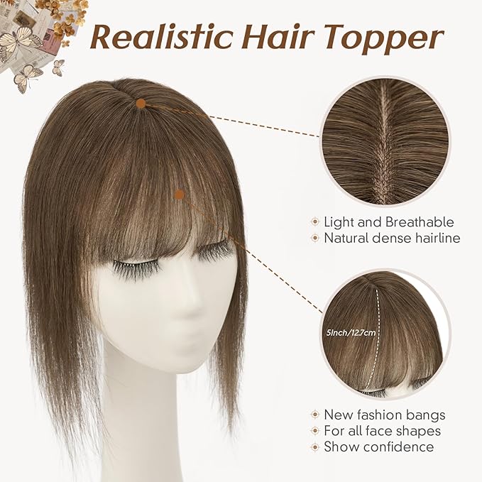 Rich Choices Real Human Hair Toppers for Women 3D Cover Clip in Bangs 100% Remy Human Clip in Silk Base Hair Topper with Bang for Thinning 150% Density 8 Inch #2 Dark Brown