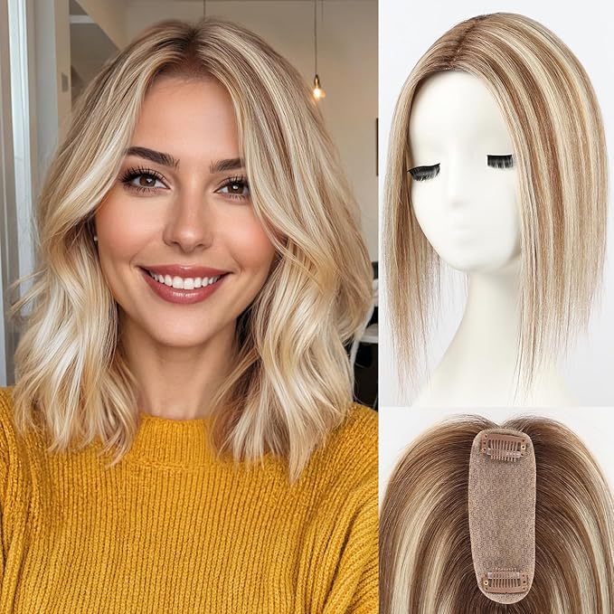 starluck Hair Toppers for Women Real Human Hair 4.5*1.5Silk Base ombre Blonde mix Brown HairPieces No Bangs 100% Real Human HairToppers for Women with ThinningHair Cover Gray Roots
