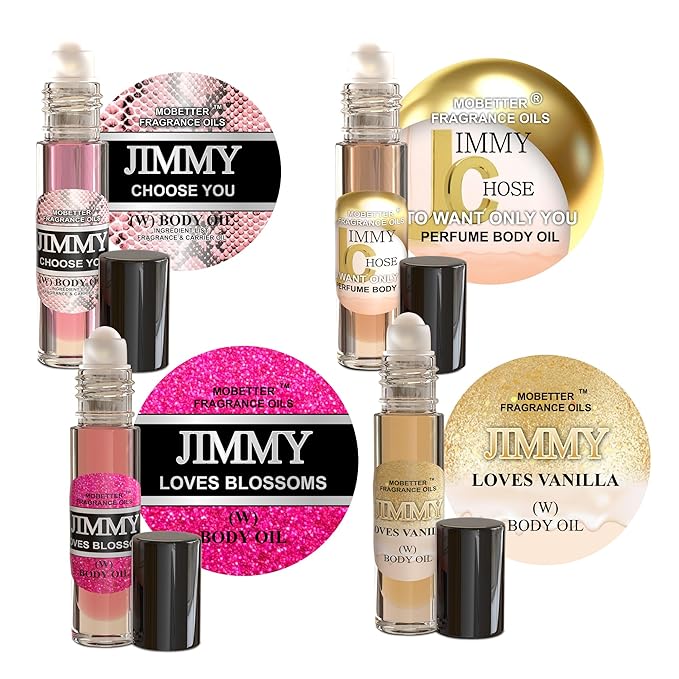 MOBETTER FRAGRANCE OILS Women's Perfume Body Oil Bundle - Set of 4 Roll-On | Jimmy Choose You Chose To Want Only You Loves Blossoms Loves Vanilla | Long Lasting Travel Friendly Alcohol-Free