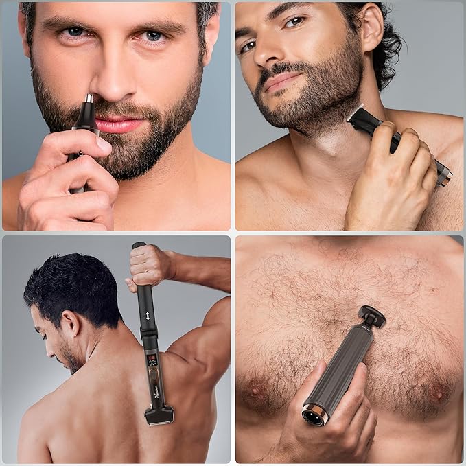 Hatteker Upgraded Mens Electric Back Shaver Body Grooming kit Body Trimmer FacialArmChin Beard Trimmer Cordless Hair Clipper with Adjustable Extension Handel Waterproof LED Display