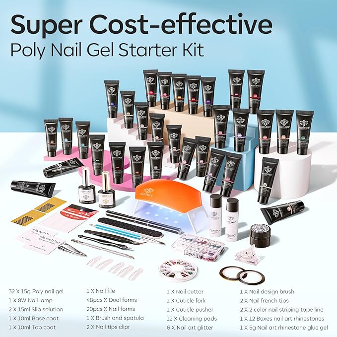 Modelones 133pcs Poly Nail Gel Kit 32 Colors Spring Pink Pastel Poly Extension Gel kit with Nail Lamp Base Top Coat Slip Solution Builder Enhancement Manicure Tools for Starter Supplies